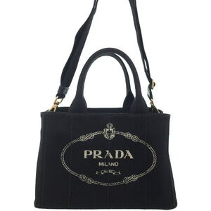Prada Canapa Tote canvas handbag top handles 2way Black